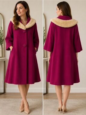 Lilli Ann Fuchsia Wool Trench Coat with Cream Fur Collar